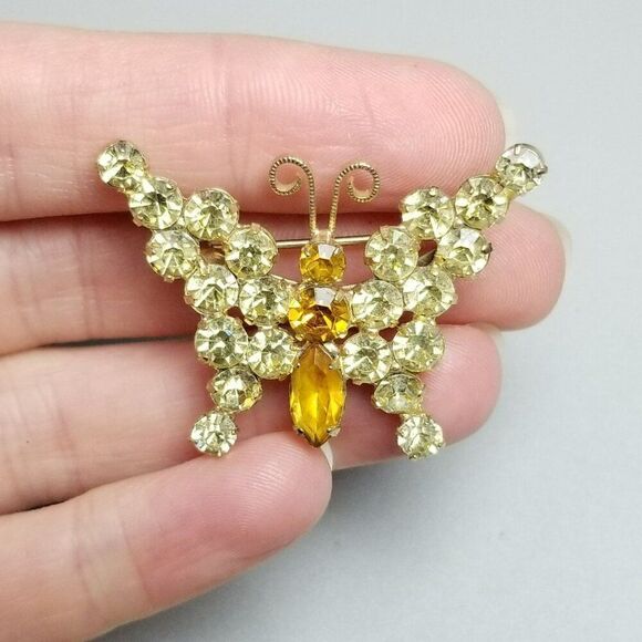 Vintage Orange and Yellow Rhinestone Butterfly Brooch, Prong Set, Insect Wings - Picture 1 of 6